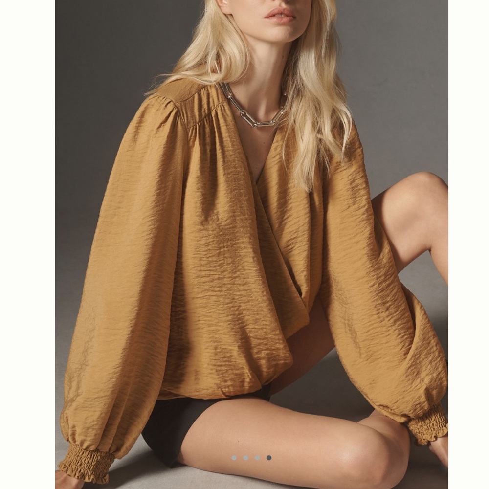 Anthropologie Long Sleeve Wrap Blouse Silky New Large Copper Brown - Picture 2 of 15